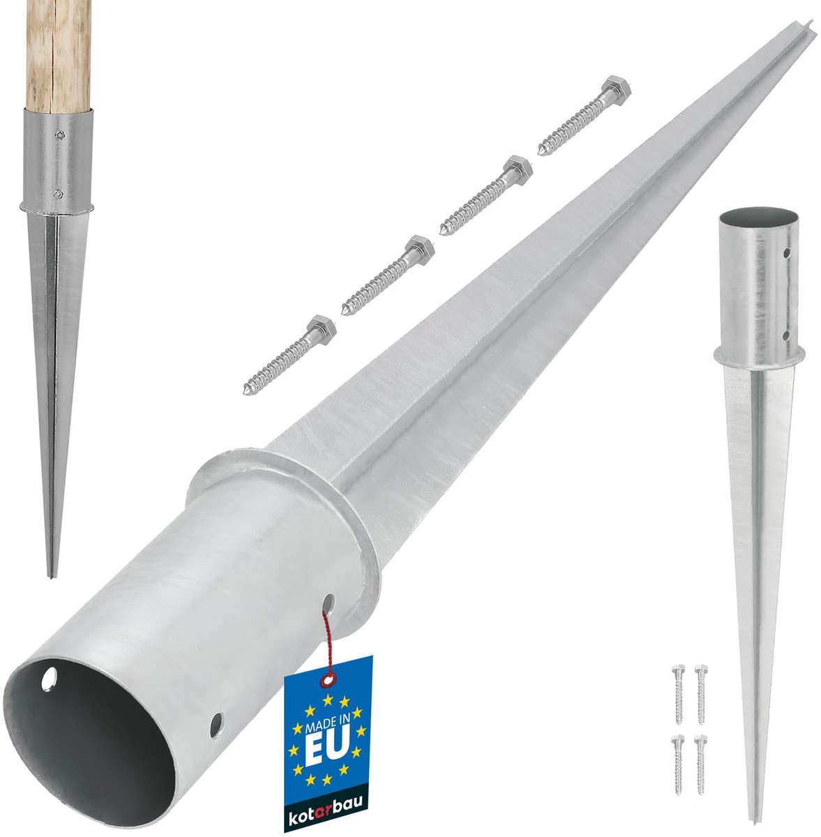 KOTARBAU® Paalhouder, Paalvoet, Verzinkt Staal, ⌀ 80 mm, Zilver, Paalhouder met Punt, Puntpaalhouder, voor Schutting Rondhout