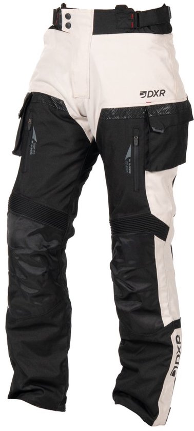 Pantalon moto noir et crème avec logo DXR sur la hanche et poches genoux.