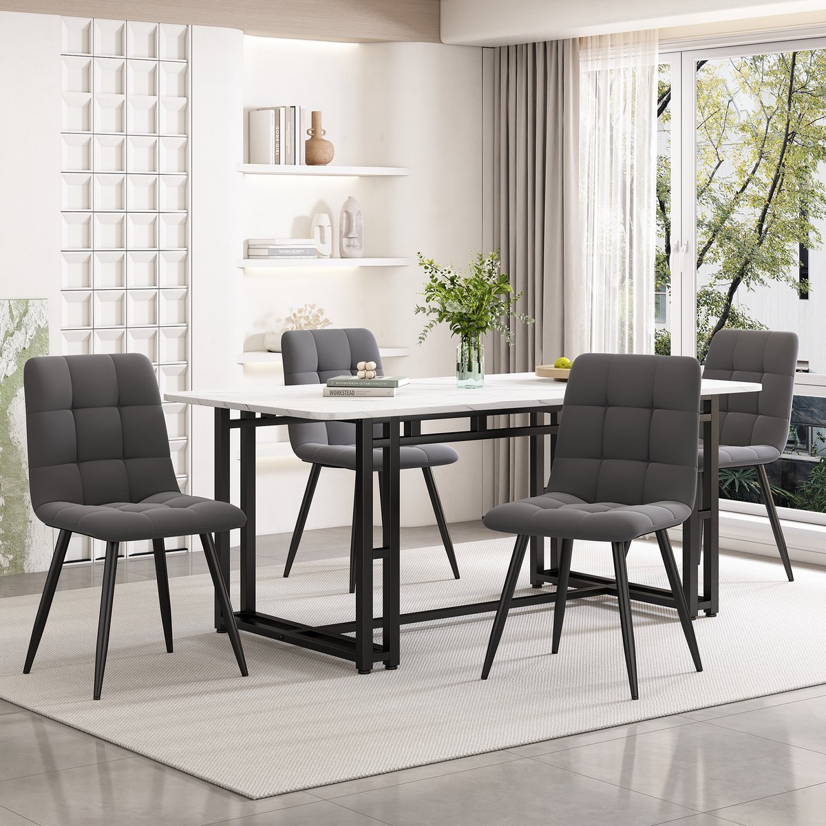 FloraGrace Eettafelset 140 Cm – Met 4 Fluwelen Stoelen – Voor Eetkamer En Keuken – MDF En Metaal – Grijs
