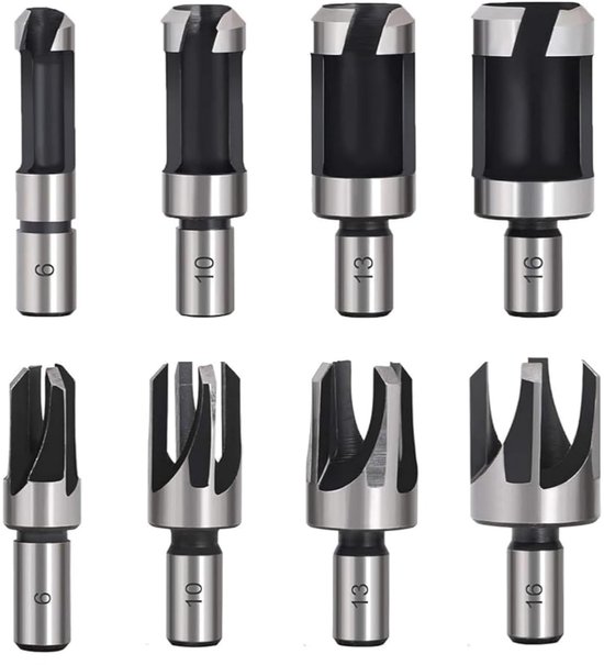 Set van 8 plug-snijders. Vier zwarte en zilveren cilinders, vier zilveren met inkepingen.
