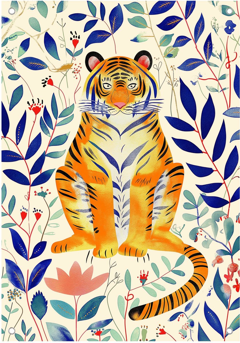 Tijger met Bladeren en Vogels - Tuinposter - 35x50 cm - Buitenposter - Schuttingdoek - Tuinschilderij voor Buiten - Tijger Illustratie
