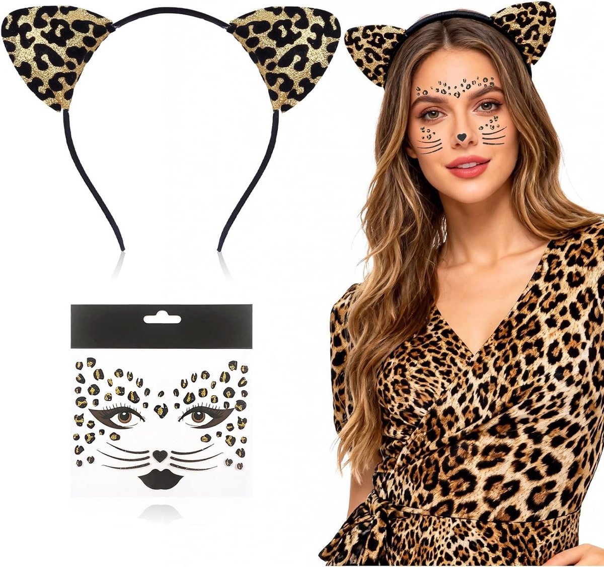 Leopard Kostuum voor Dames met Gezichts-Tatoeage, Hoofdband en Stickers voor Carnaval en Cosplay, Perfect voor Feestjes en Themapartijen