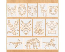 Animal Stencils voor Kinderen, Set van 12, Herbruikbare en Wasbare Sjablonen voor Textielontwerpen, 29 x 21 cm