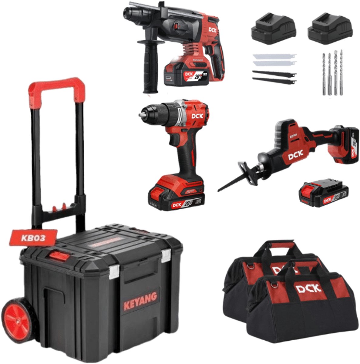 DCK Plumberset 20V Accu Gereedschap Set – Reciprozaag, Boorhamer & Boor-/Schroefmachine in Trolley