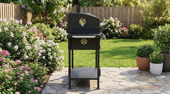 Houtskool BBQ Grillwagen XXL met Smoker en Deksel - House&Garden RVS Barbecue Grill met Thermometer, Gietijzeren Grillrooster, Warmhoudrek, Verstelbare Kolenplaat, Spiesen Set en Opbergplanken - Buiten BBQ voor Tuin, Camping en Outdoor Koken — afbeelding 5
