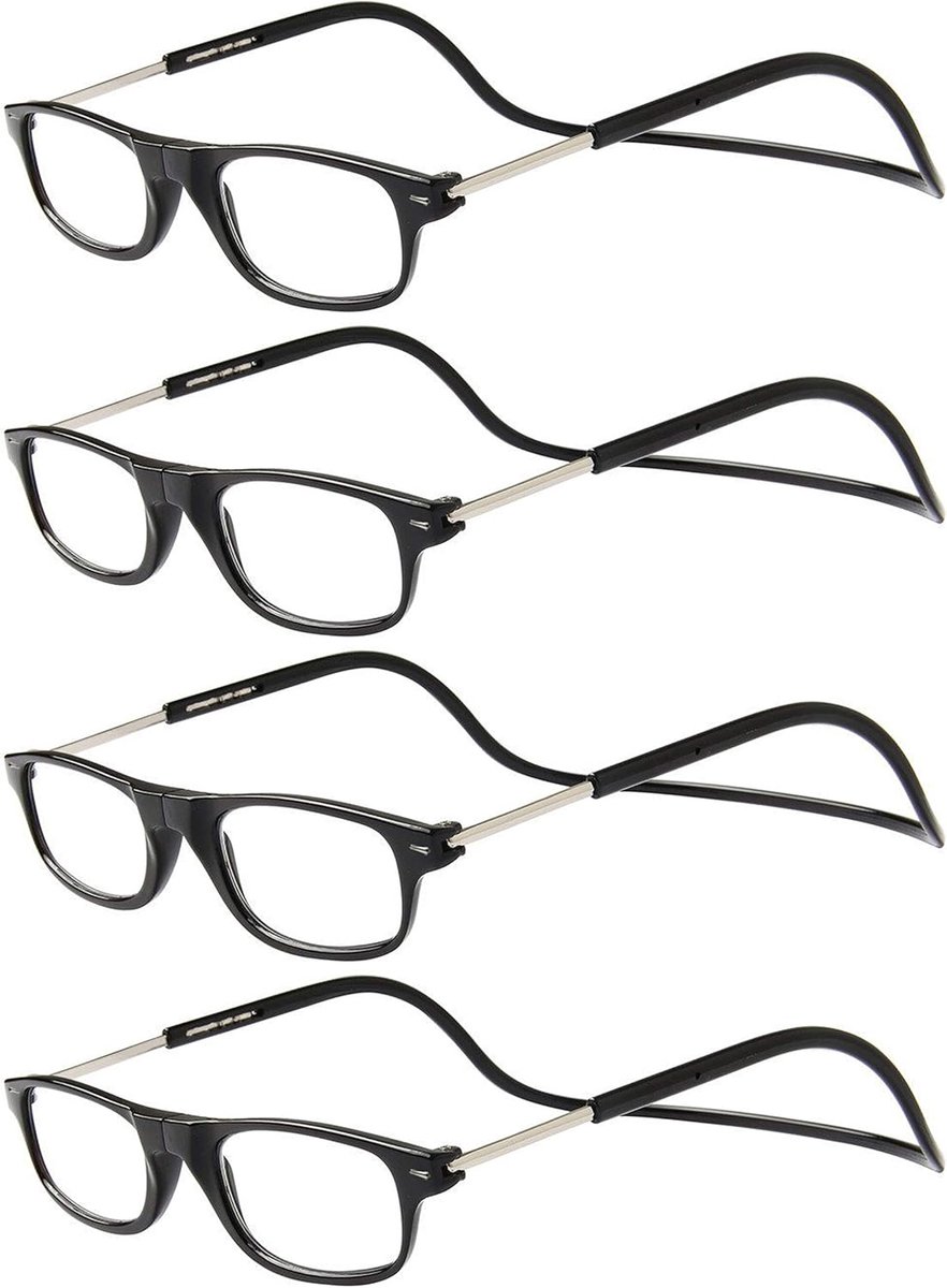 Leesbril – [Set van 4 stuks] Zwart montuur +3,50 dioptrie voor dames en heren, met magnetische sluiting, opvouwbaar en verstelbaar