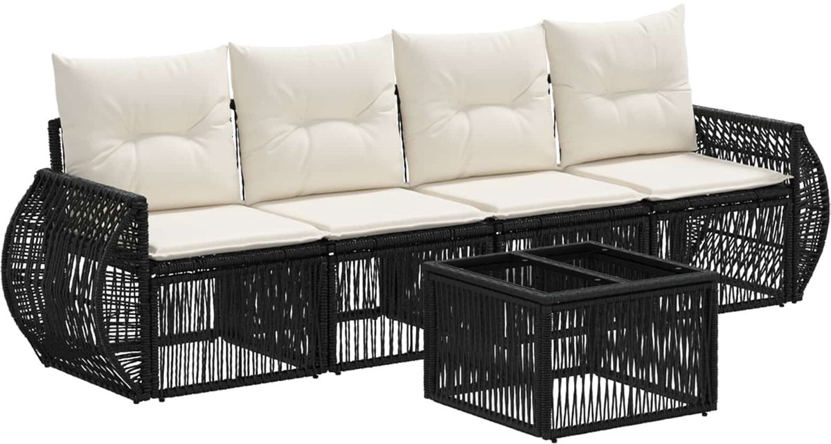 vidaXL - Tuinbank - Set - 5 - pcs - Zwart - en - Crème - Wit - poly - rattan