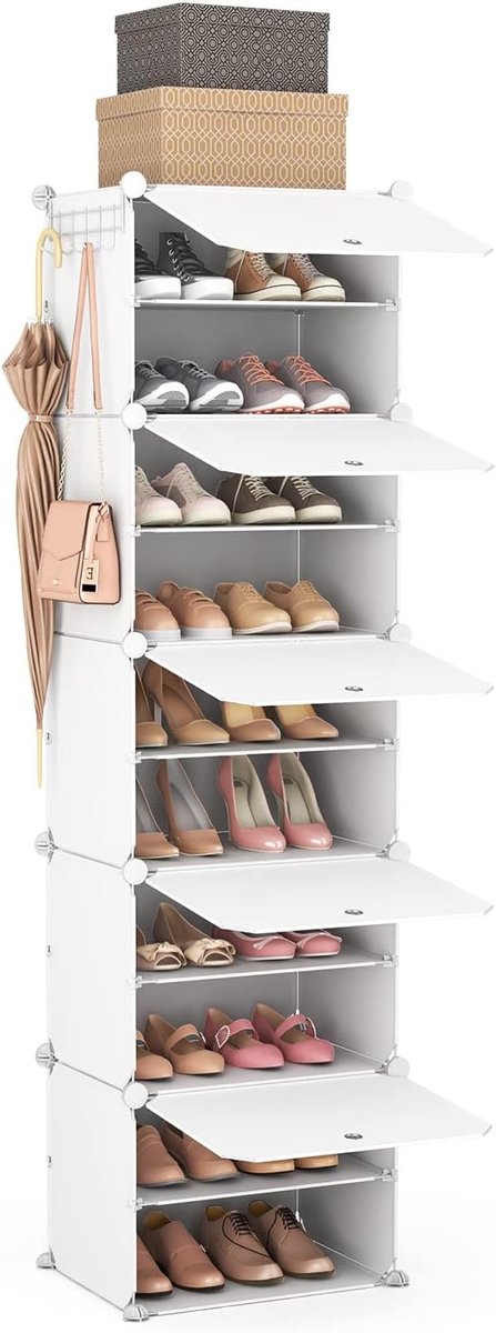 Hoge schoenenrek organizer met 10 niveaus voor 20 paar schoenen, smal en draagbaar, ideaal voor kleine ruimtes en slaapkamers met 2 haken (Wit, 1 x 10)