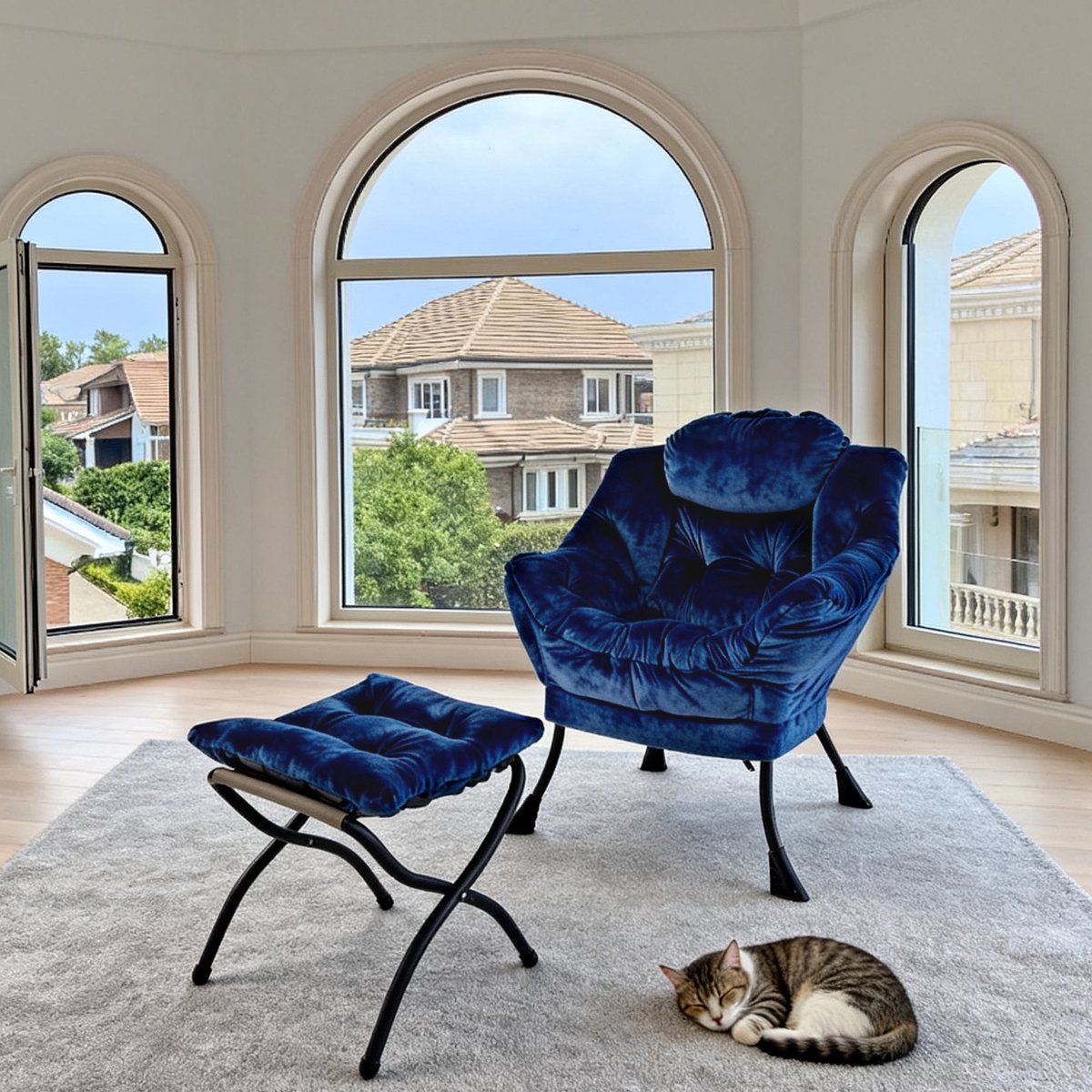 FloraGrace Relaxfauteuil Met Hocker - Met Armleuningen, Zijvak En Voetsteun - Voor Woonkamer Of Slaapkamer - Metaal - Donkerblauw