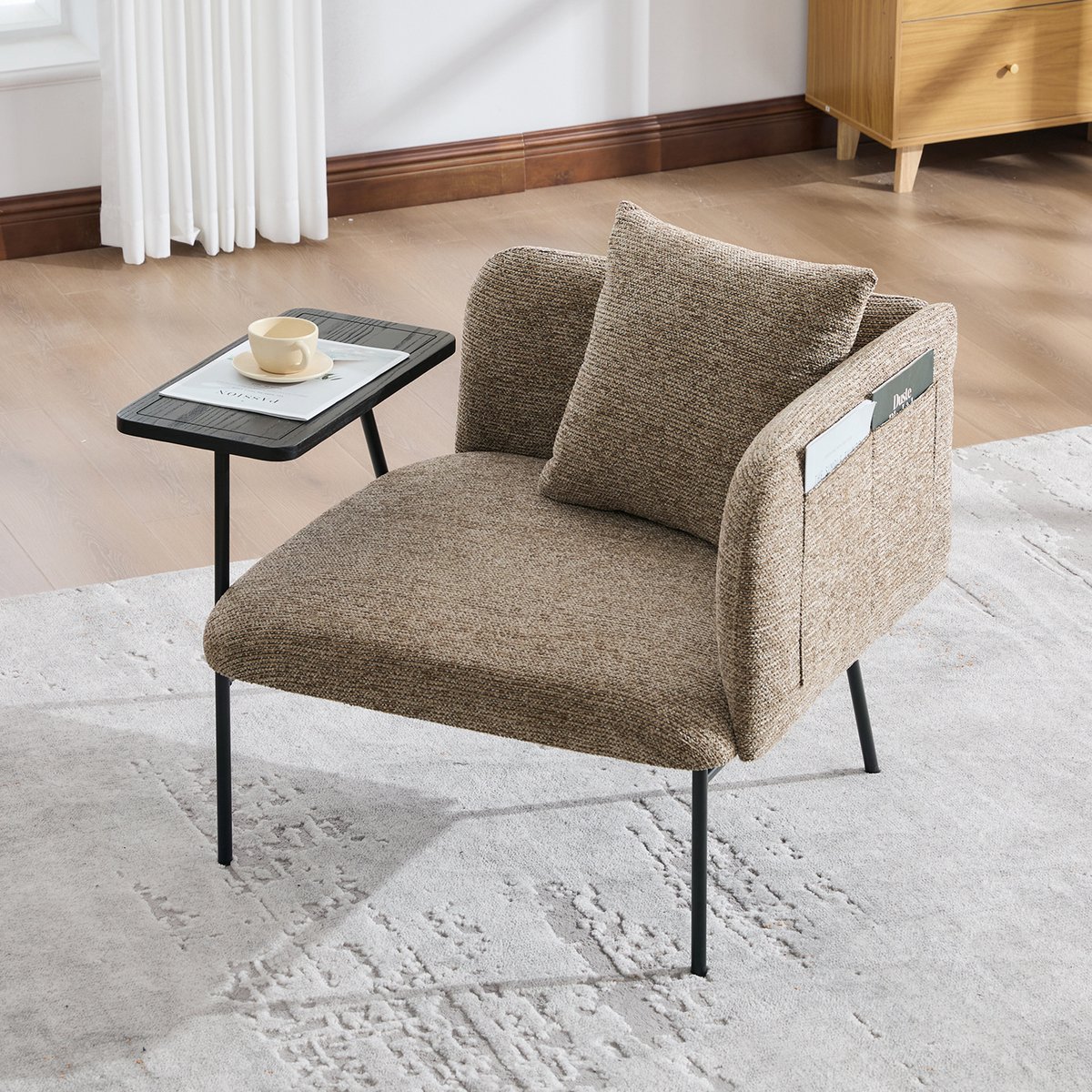 FloraGrace Fauteuil 86 x 72 x 71 cm – Met Bijzettafel En Opbergzakken – Comfortabel Chenille – Voor Woonkamer En Leeshoek – Khaki