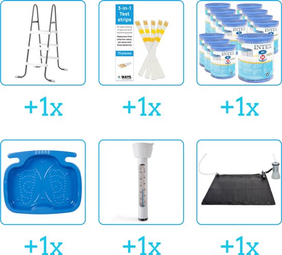 Zes foto's van zwembadaccessoires: een ladder, teststrips, filterpompen, een blauw voetbad, een thermometer en een warmtemat.