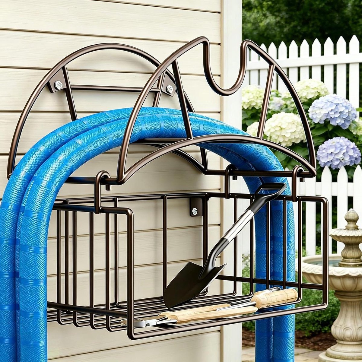 Tuinslanghouder Wandmontage - Slanghouder Metaal - Tuin Organiseren - Met Gereedschapsmand - Tot 45m Slang - Zwart