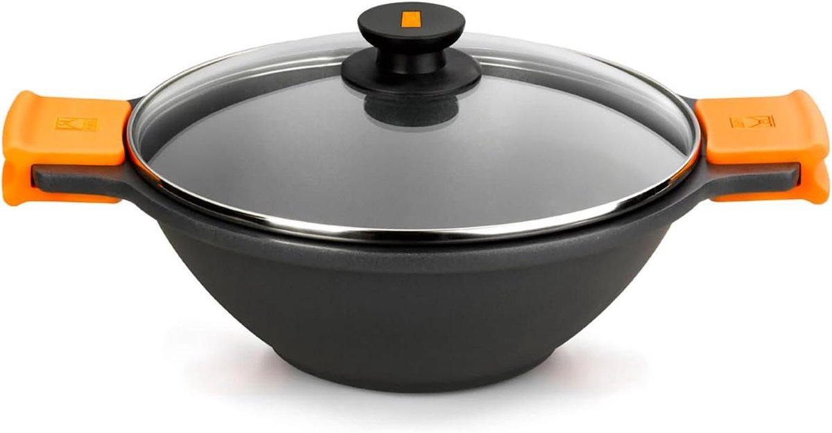 Wok met Deksel - Roerbakpan Koekenpan - Gezond Koken - Gegoten Aluminium - 4 Liter - Zwart