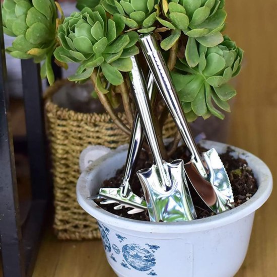 Mini Tuinieren Gereedschap - Kleine Hand Schop - Potplanten Verzorgen - Roestvrij Staal - 3 Delig - Zilver — afbeelding 4