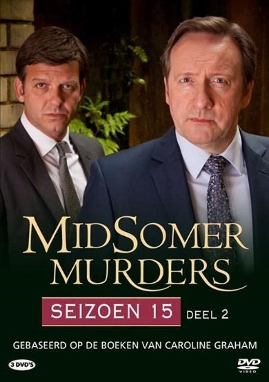 Twee mannen in pak kijken ernstig. Midsomer Murders Seizoen 15 Deel 2.