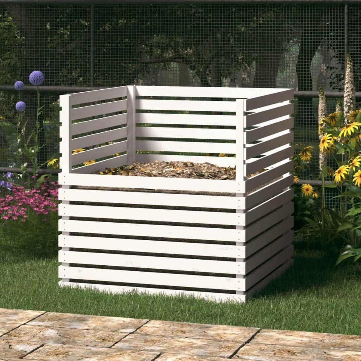 Houten Compostbak - Tuinbak Afval - Compost Maken - Stabiele Constructie - 100x100x102 cm - Wit
