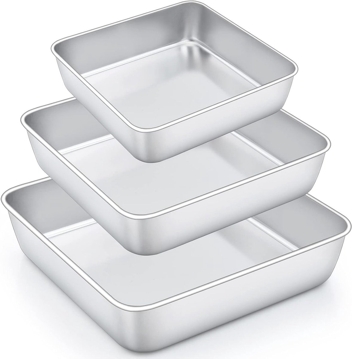 Vierkante bakvorm set van 3, 100% roestvrij staal, ideaal voor brownies, lasagne en taarten, vaatwasserbestendig en veilig voor voedsel