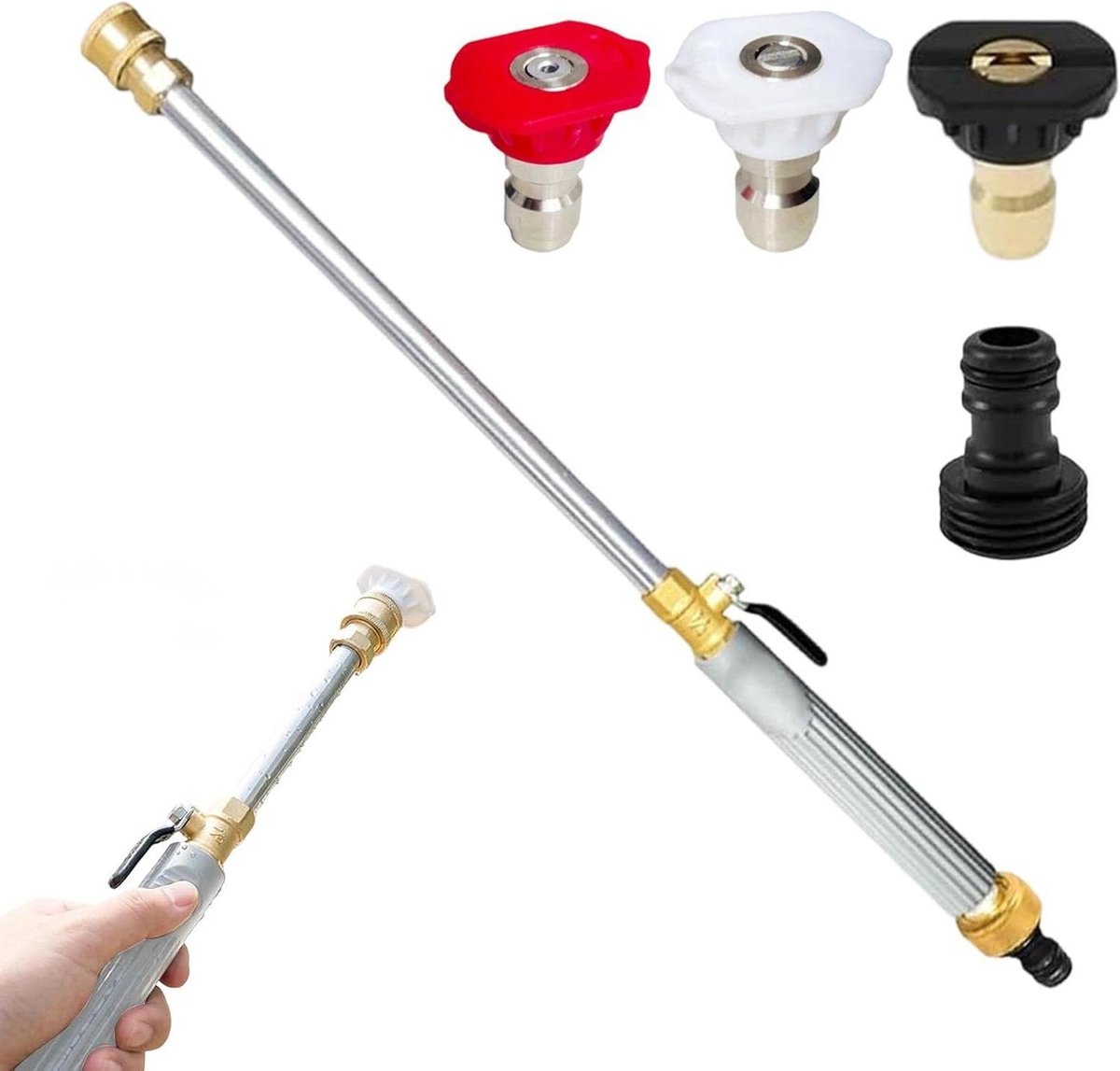 Hogedrukreiniger Staaf - Watersproeier Tuinslang - Auto Terras Reinigen - 3 Verwisselbare Sproeiers - 465 cm - Zilver