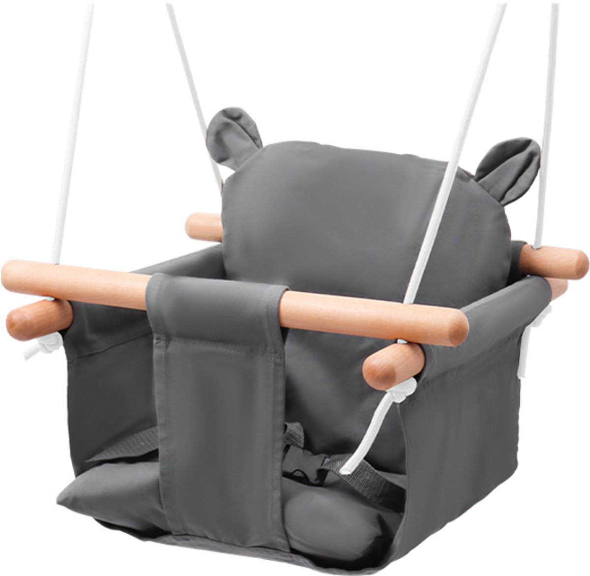OLOEY Veilige babyschommel met veiligheidsgordel-Schommelstoel van canvas en hout met kussen met oortjes-Hangschommel voor binnen en buiten-Schommel voor peuters en kleuters(voor aan een boom in de tuin)