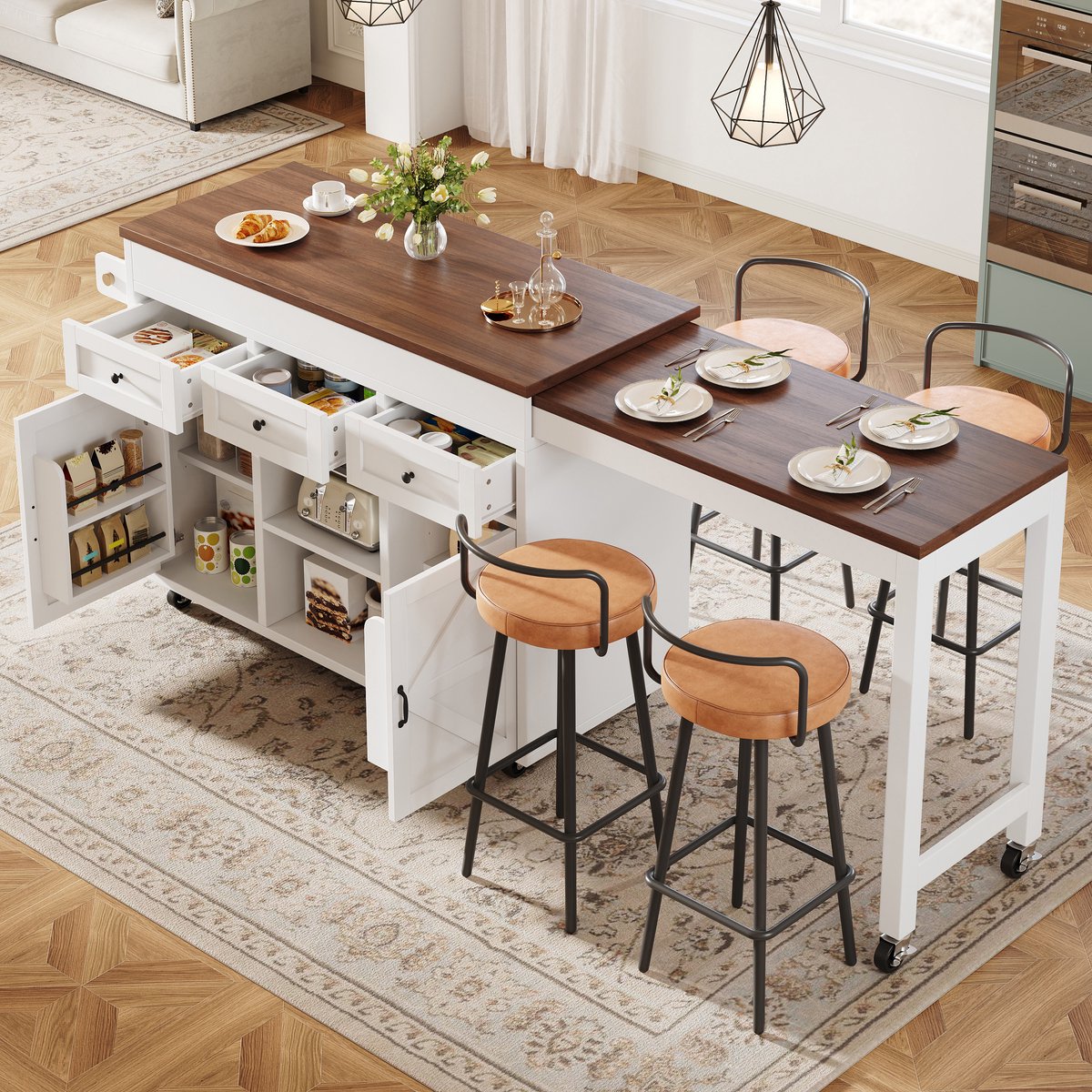 OKWISH Keukeneiland – Uitschuifbaar En Draaibaar – 131,5-210x40x92 cm – 3 Lades 2 Kasten – MDF Wit