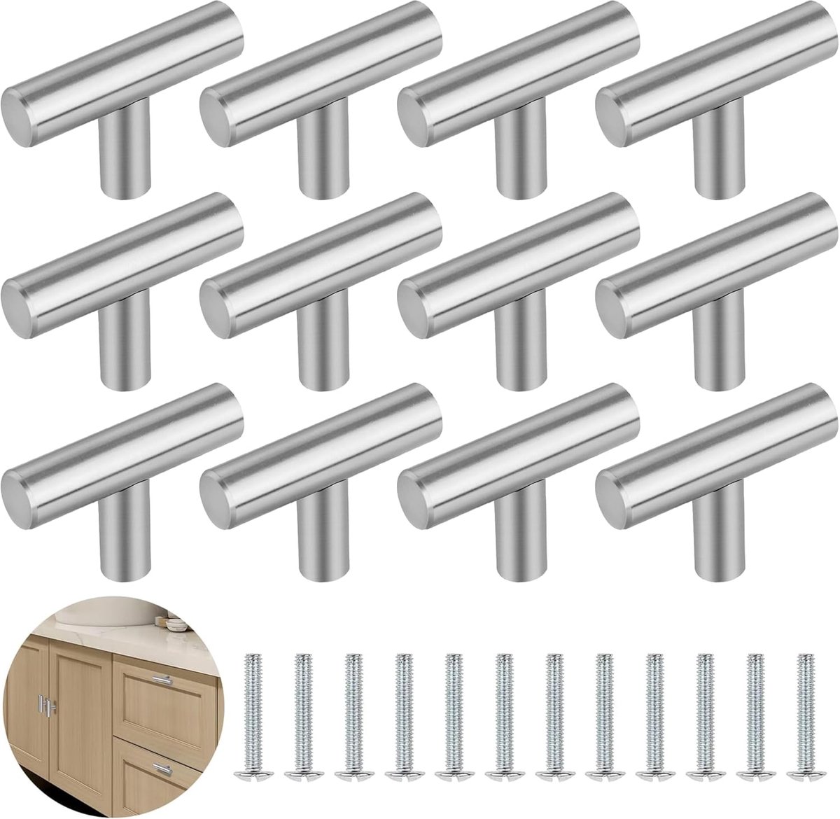 Meubelknoppen - Vintage T-vormige kastgrepen - 12 stuks - 50 mm aluminium legering - Voor keuken slaapkamer en kasten - Zilverkleurig