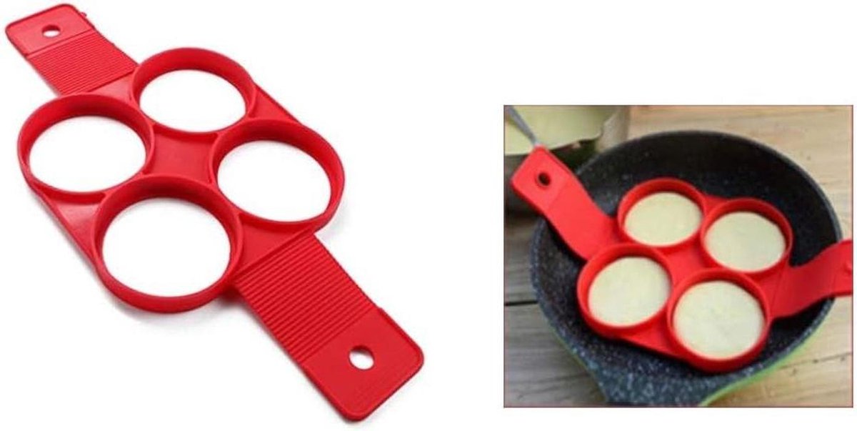 Pannenkoekvorm Siliconen - Omeletmal Bakvorm - Ontbijt Maken - Antiaanbaklaag - 4 Ronde Vorm - Rood