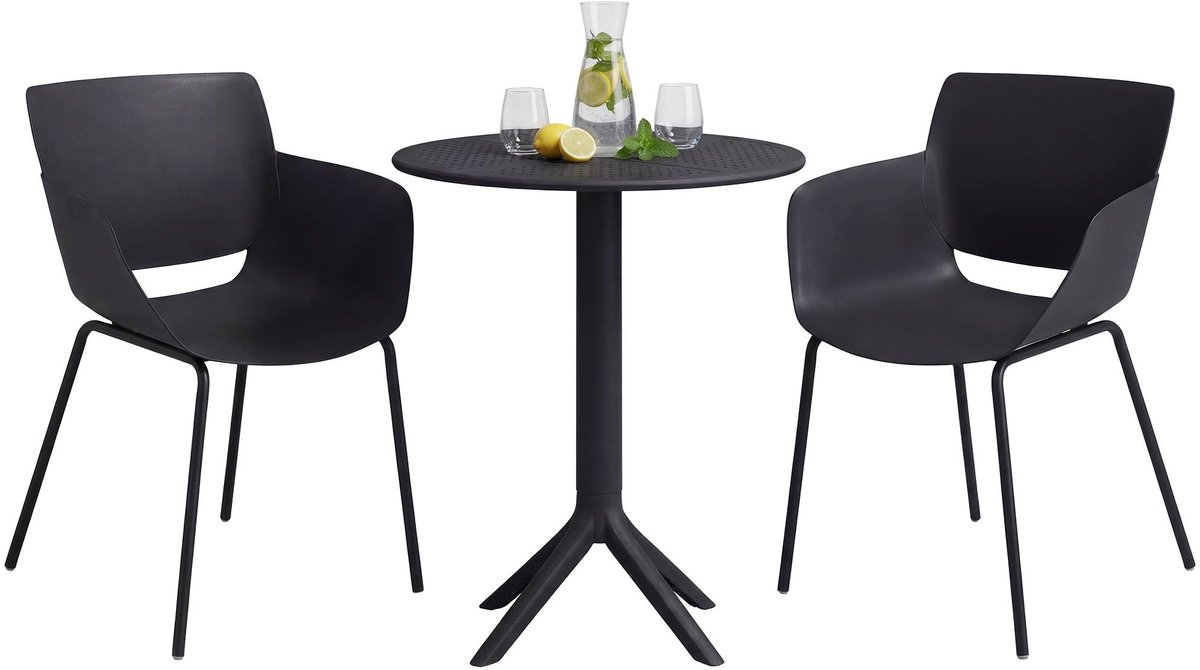 CLP Siora tuinmeubelset - 2 bistrostoelen - ronde tuintafel Ø60 cm - weerbestendige balkonset - voor terras en tuin - zwart