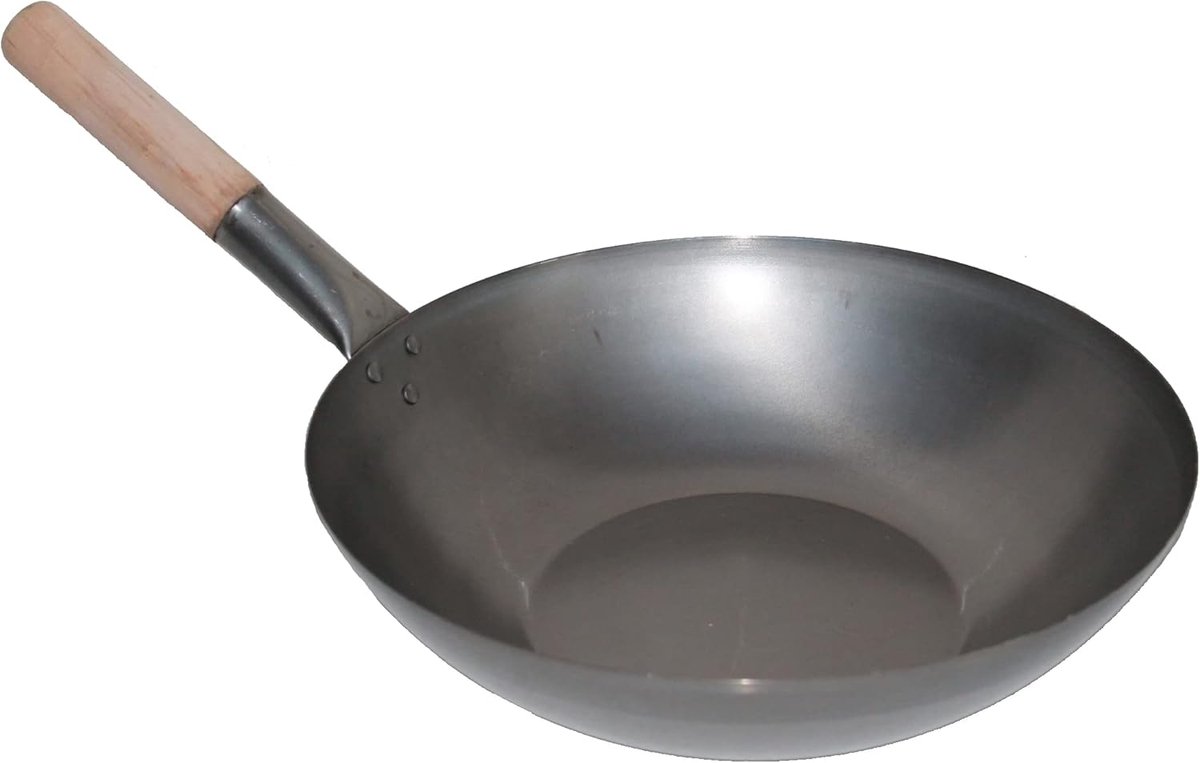 Wokpan met platte bodem - Roerbakpan - Aziatisch koken - Robuust koolstofstaal - 35 cm diameter - Zwart