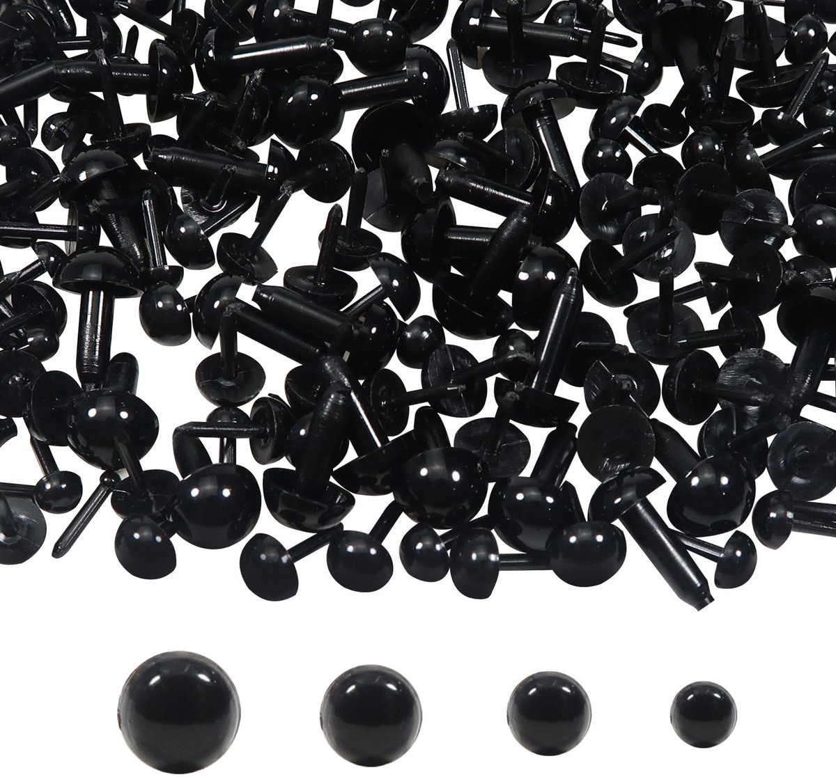 Dailygoods- Poppenogen 1000 Stuks - Kunststof - Zwart - 3 mm/4 mm/5 mm/6 mm - Veiligheidsoogjes - Ideaal voor Knutselprojecten - Veiligheidsogen