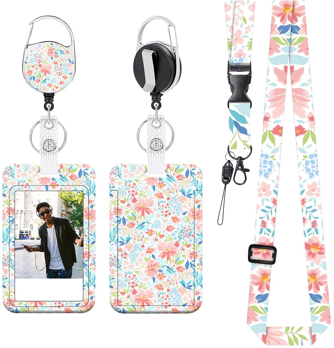 Dailygoods- ID-kaarthouder kleurrijke bloem - uittrekbare Kaarthouder - omhangband - gesp/sluiting - voor school/kantoor - modieuze kleuren