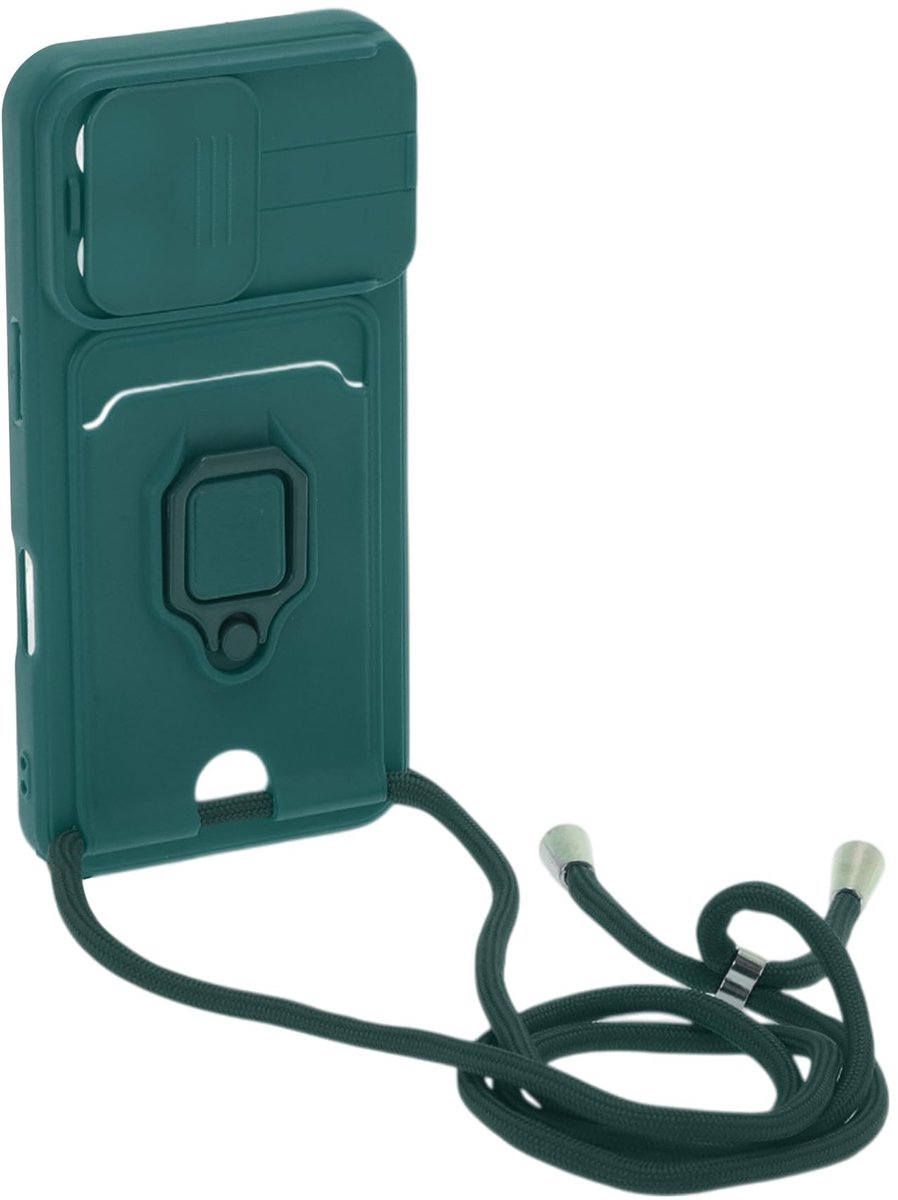 Dailygoods- Telefoonhoes Verstelbaar met Halsketting - Telefoonhoes iPhone 16 Pro - Ringhouder - Schuifcamera-afdekking - Kaartsleuven - Stijlvolle Bescherming - Telefooncover