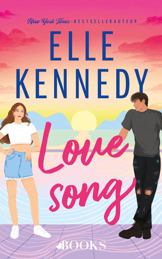 Boekomslag met Elle Kennedy's 'Love Song', met een vrouw in witte crop top en blauwe shorts en een man in zwart T-shirt en gescheurde jeans, tegen een zonsondergang.