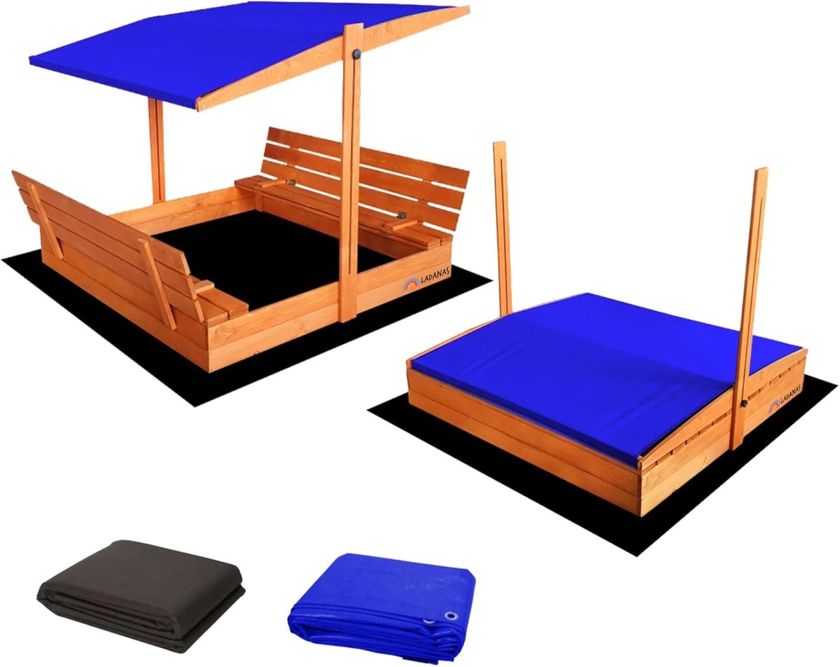 Kinderen Zandbak - Zandbak met deksel - Buiten Spelen - Inklapbare zitbanken - 140 x 140 cm - Blauw
