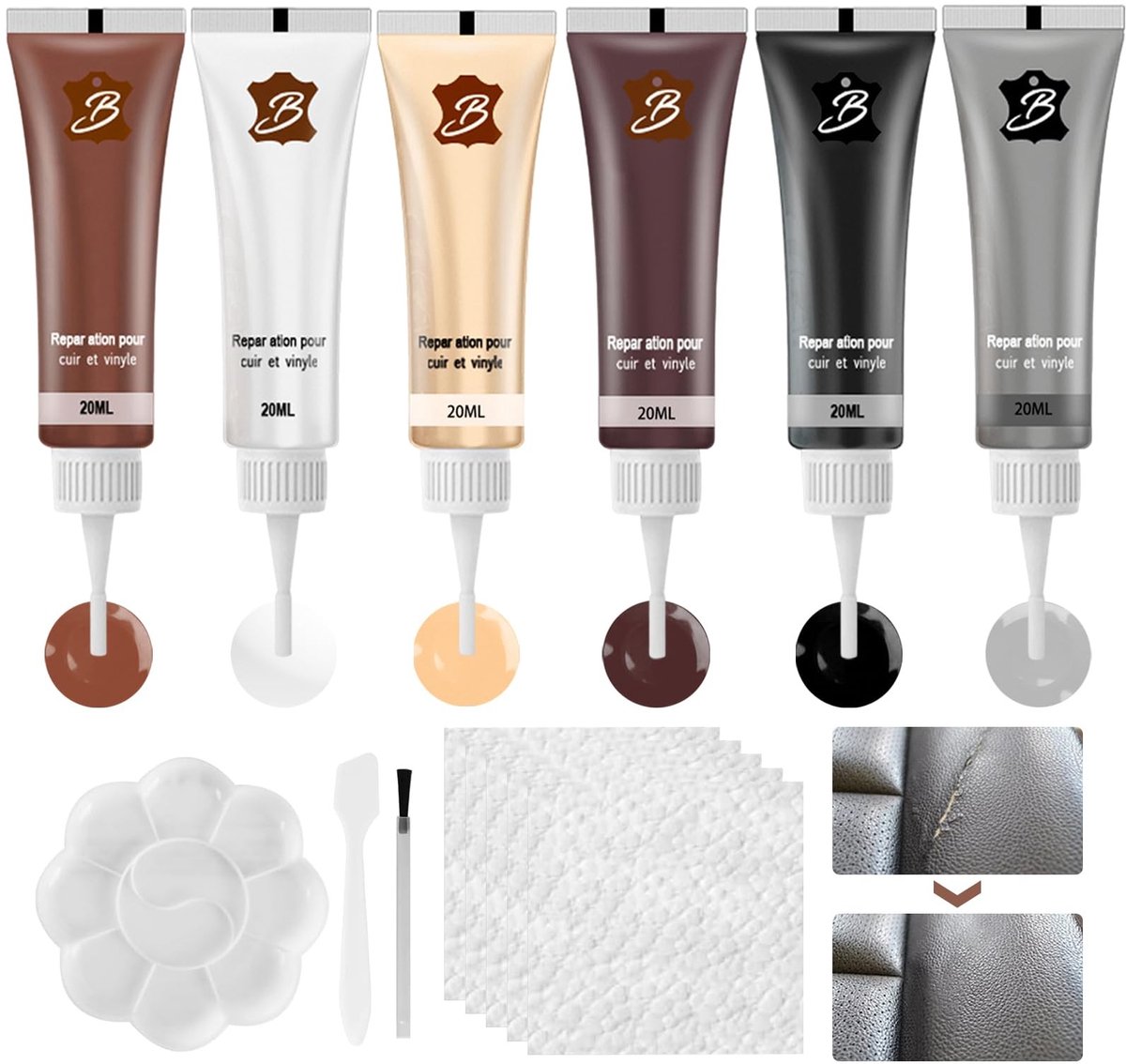 Dailygoods- Leer Reparatiekit 5 Kleuren - Leerhersteller - Faux Leer Reparatiekit - Voor Autozetels/Sofas/Schoenen - Schadeherstel - Veilig en Geurloos - Leerrestauratie