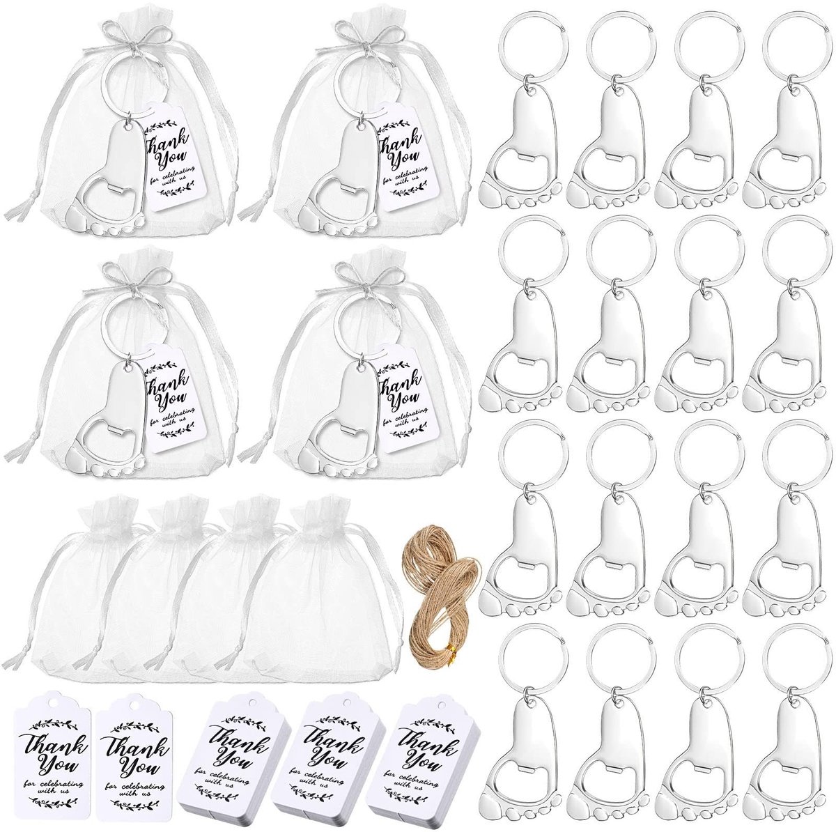 Dailygoods- Voetafdruk Sleutelhanger 24 Sets - Babyshower Cadeaus - Flesopener - Organza Zakken - Dank Tags - Multifunctioneel - Feestcadeau