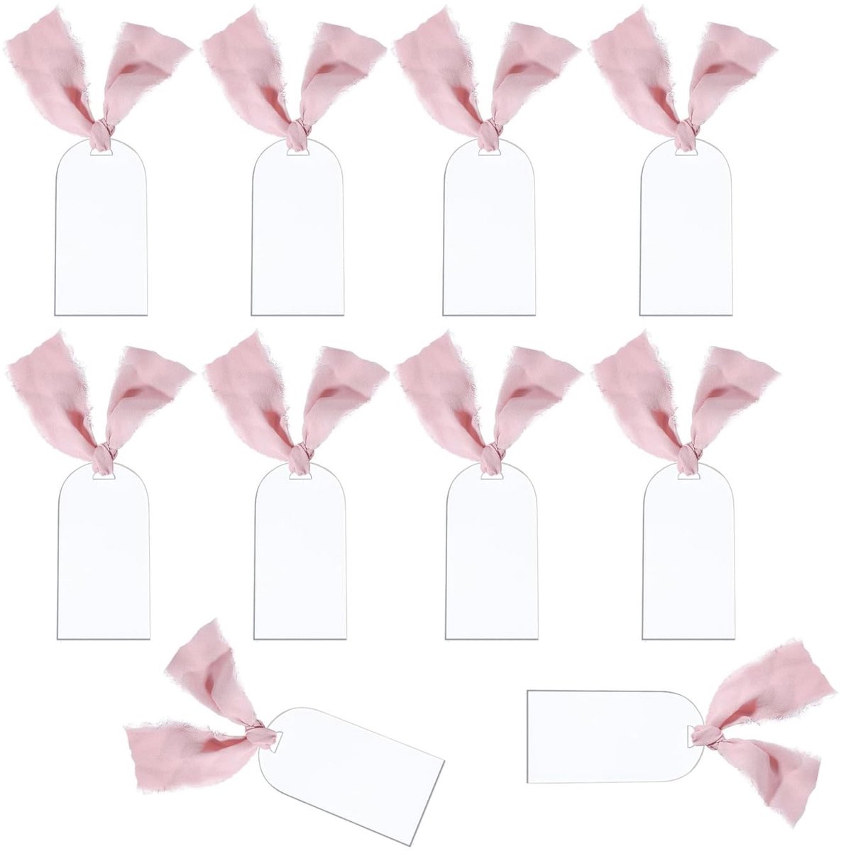 Dailygoods- Plaatskaarten Transparant - 10 Stuks - Acryl - Cadeaulabels - Bruiloft/Diner - Tafelschikking - Lichtroze Linten - 4,5 x 9 cm - Naamkaartjes
