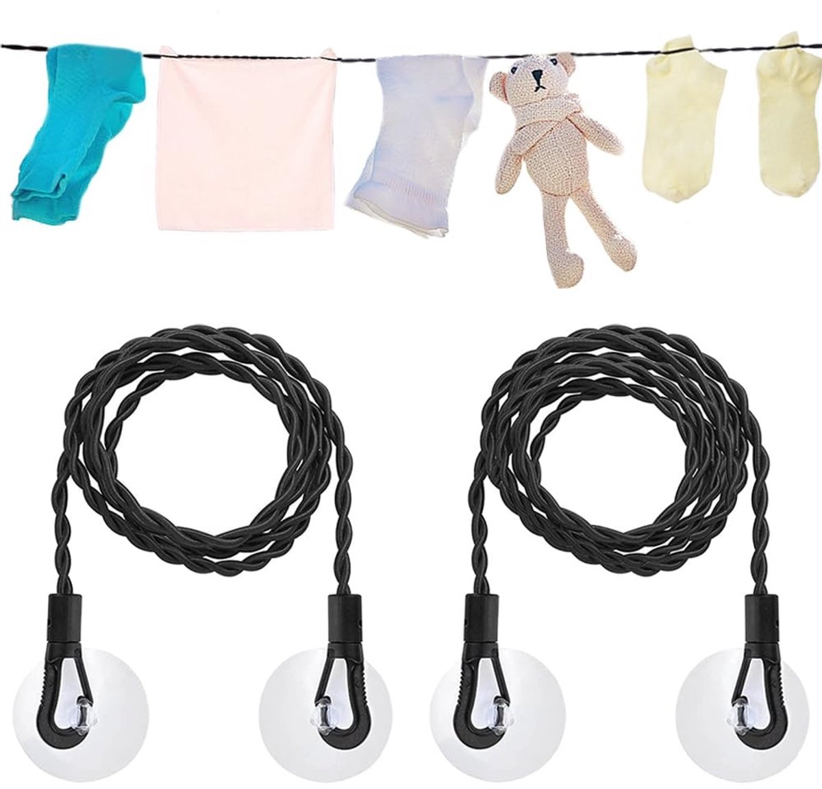 Dailygoods- Waslijn Uitschuifbaar 1,5/3 m - 2 Stuks Reiskleding - Draagbaar - Winddicht - Haken/Zuignap - Hoogwaardig Nylon - Wasophanglijn