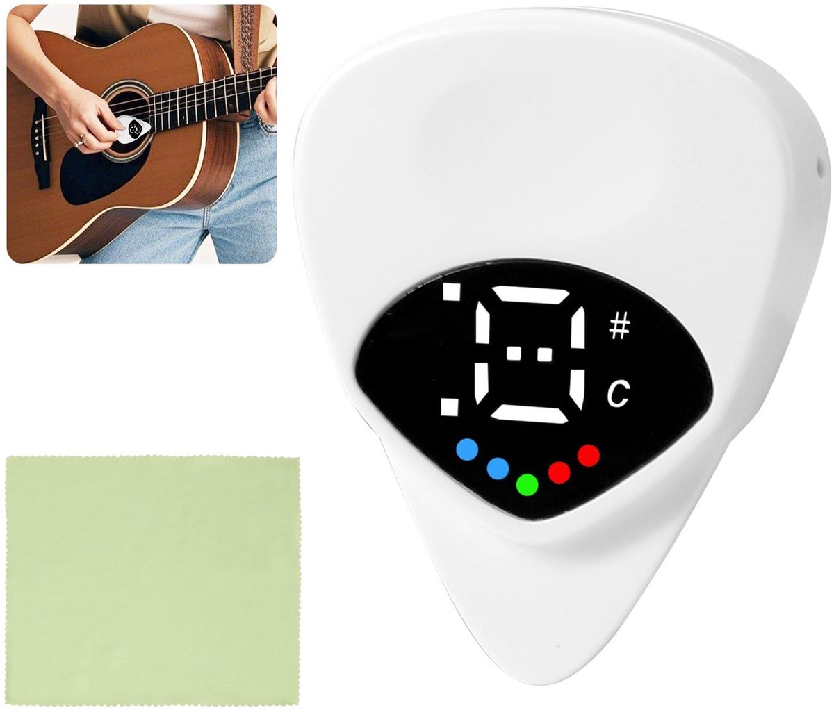 Dailygoods- Gitaarplectrum 2-in-1 - Digitale Tuner - LED-Scherm - Gitaarreinigingsdoek - 12-ET Precisie - Kunststof 4x3,2 cm - Gitaartuner