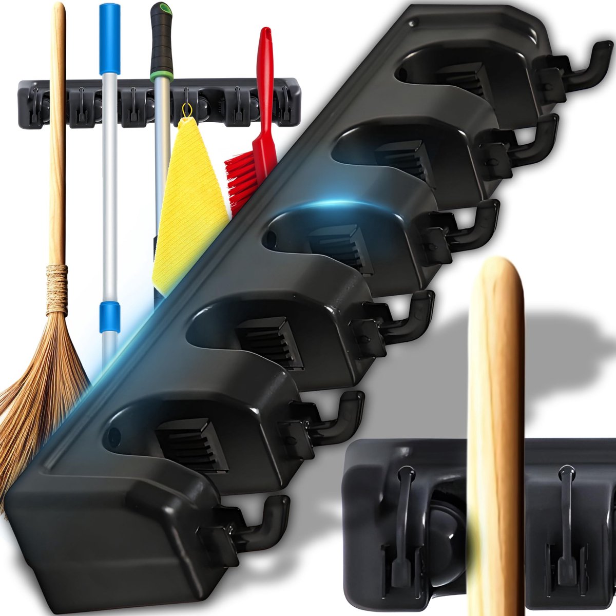 Dailygoods- Bezemhouder met 5 Klemmen - Gereedschapshouder - Ophangsysteem - 6 Haken - Universeel Gebruik - Voor Garage/Keuken - Gereedschaphouder
