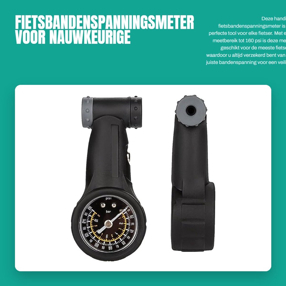 Dailygoods- Bandenspanningsmeter Hoogwaardig Kunststof - Bandenmeter - Fietsaccessoire - Draagbaar - Geschikt voor Presta/Schrader - Meetbereik 0-160 psi