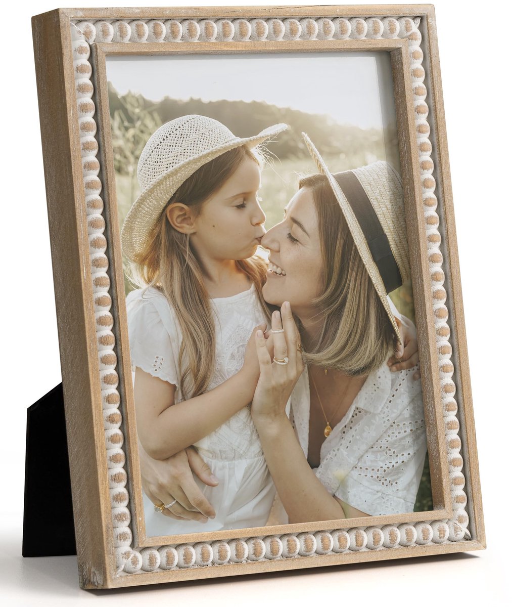 Dailygoods- Fotolijst Boho 13 x 18 cm - Houten Fotolijst - Vintage Wanddecoratie - Boerderijstijl - Kralenversiering - Perfect Cadeau - Fotolijstje
