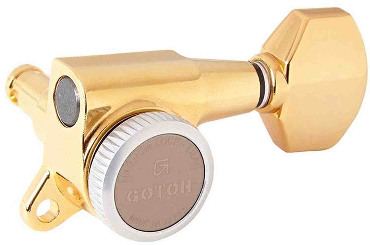 Gotoh SG38107MT6LG machine heads for guitar, 6L, ratio 1:16, magnum lock traditional, mini 07-style button, gold