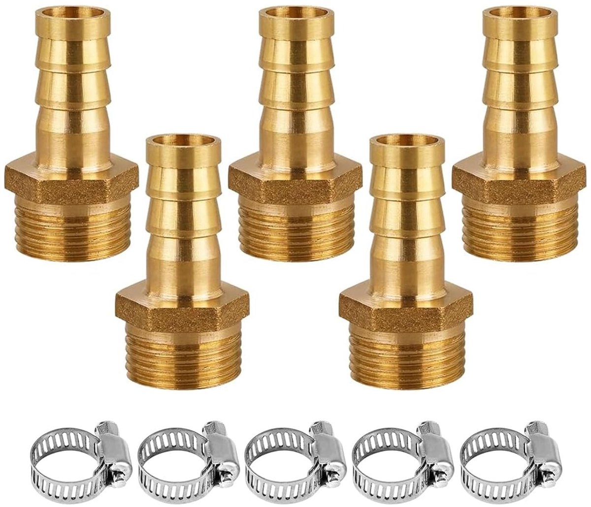 Dailygoods- Slangaansluiting Messing 10 mm - Buitendraad G1/2 - Slangklem - 5 Stuks - Duurzaam - Geschikt voor Luchtslang/Waterslang - Slangnippel