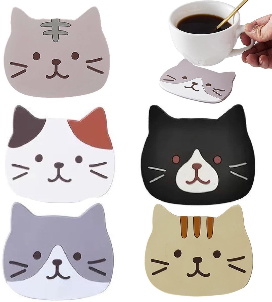 Dailygoods- Kattenonderzetters 5 Stuks - Hittebestendig - Antislip - Vaatwasmachinebestendig - Duurzaam PVC - Schattig Design - Onderzetters