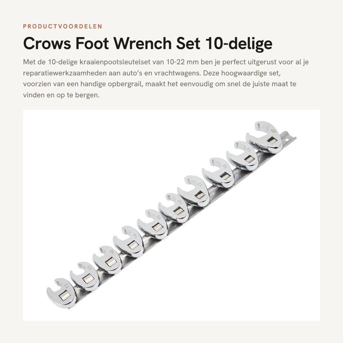 Dailygoods- Kraaienpootsleutelset 10-delig - 10-22 mm - 3/8 Aandrijving - Metrische Sleutels - Opbergrail - Ideaal voor Autoreparatie - Sleutelset