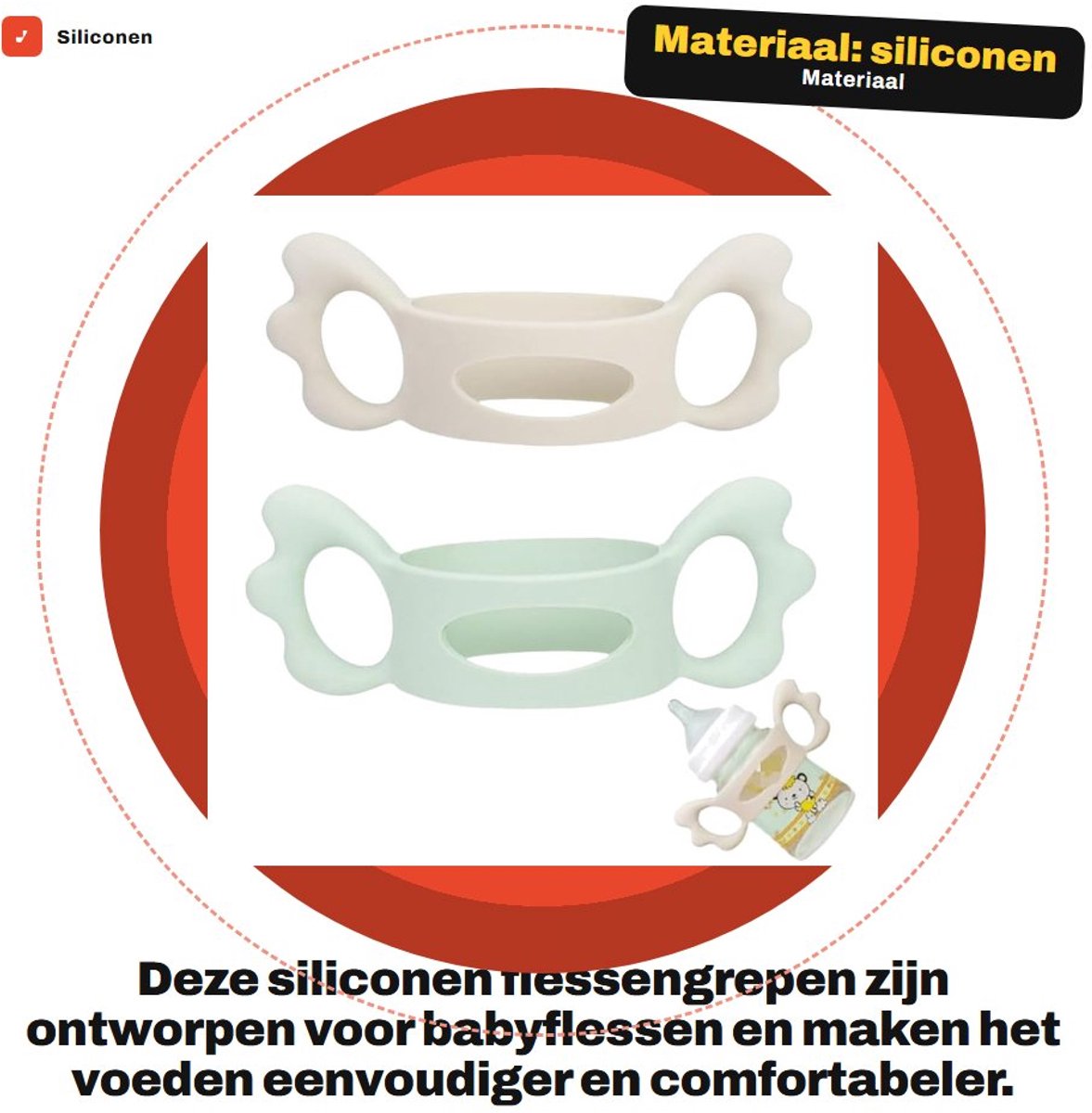 Dailygoods- Flessengreep 2 Stuks - Siliconen Handgrepen - Eenvoudige Installatie - Babyflessenhouder - Stevige Greep - Afmetingen 13,2 x 6 x 4,5 cm - Fleshouder
