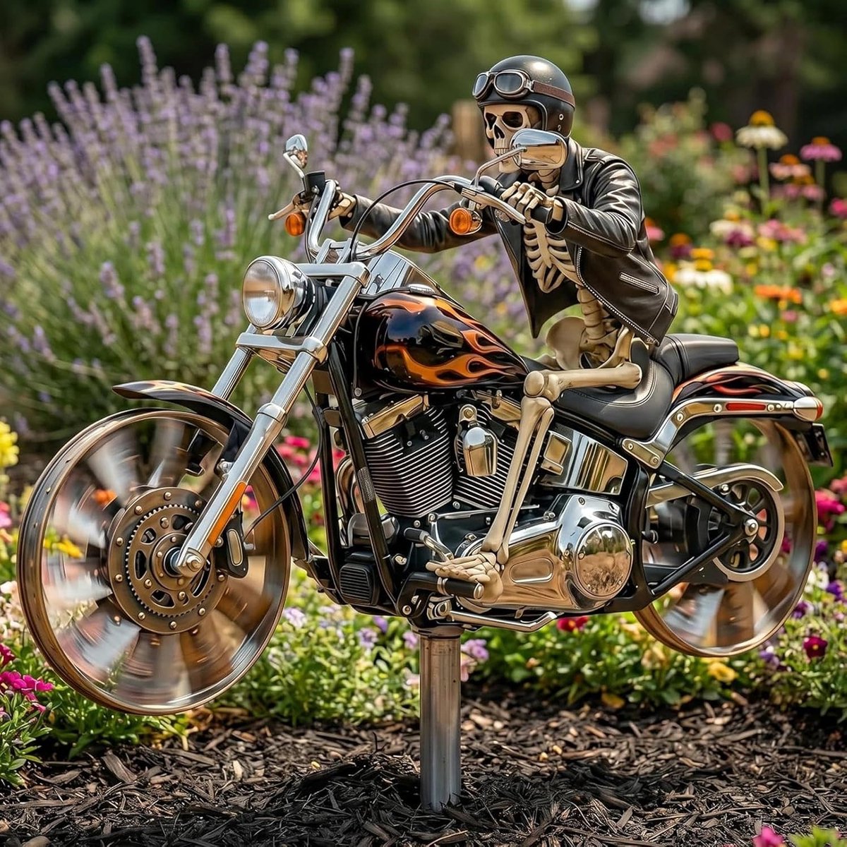 JeiibrZui Skeleton Rider - 85 Cm - 1 Stuks Windspinner - Zwart - Uniek Metalen Motordecoratie Voor Tuin En Terras - Weerbestendig Kunstwerk Met Draaiende Wielen - Ideaal Cadeau Voor Biker Fans