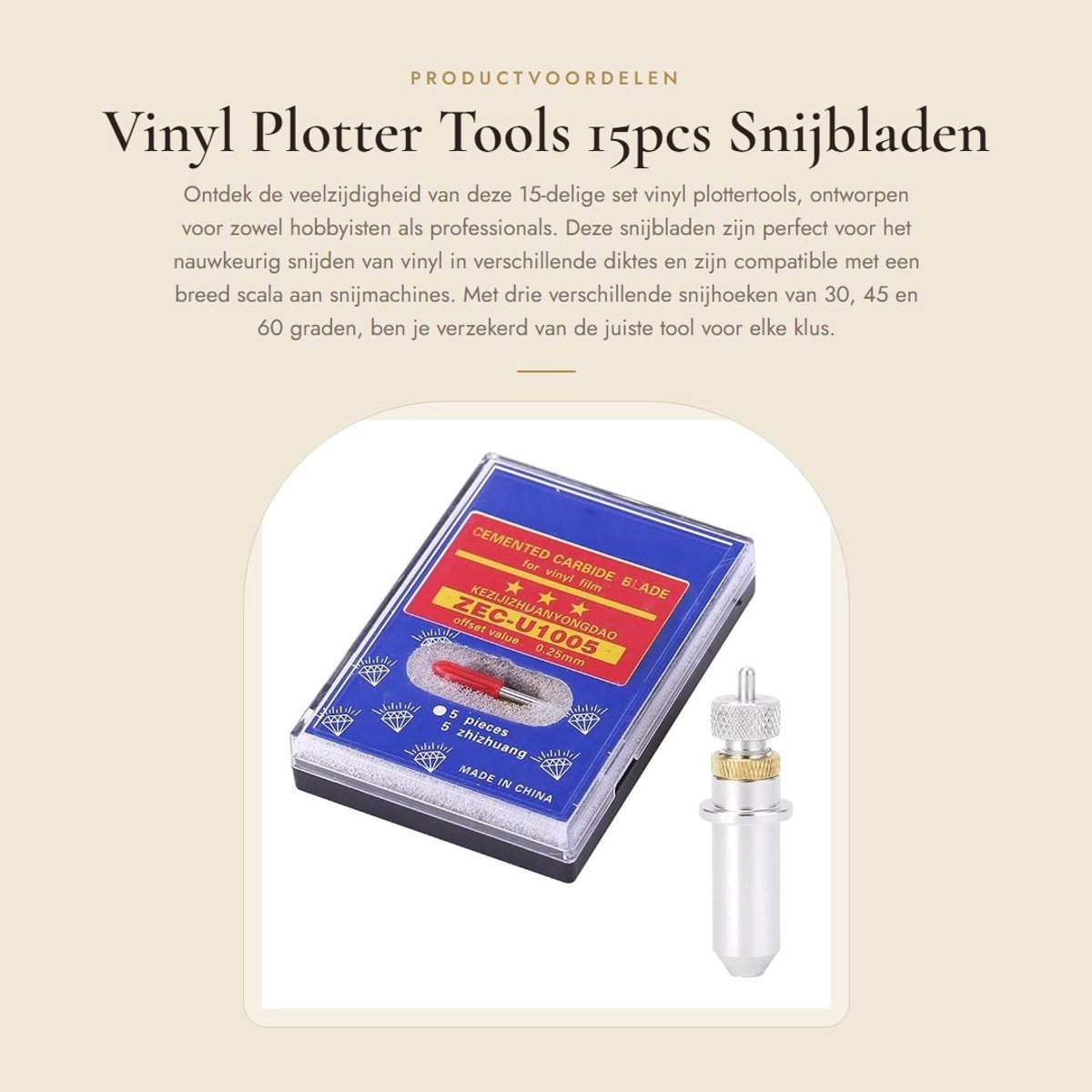 Dailygoods- Plotters Gereedschappen 15 Stuks - Wolfraamstaal Messen - Aluminium Houder - 30/45/60 Graden - Compatibel met Snijplotters - Duurzaam en Slijtvast - Snijmessen