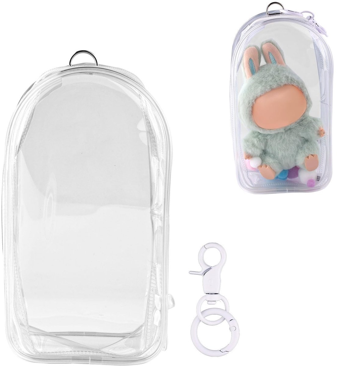 Dailygoods- Beschermhoes Waterdicht - Vitrine 19,5x10,5cm - PVC-Materiaal - Sleutelhanger - Pompons - Perfect voor Poppen - Vitrinekast