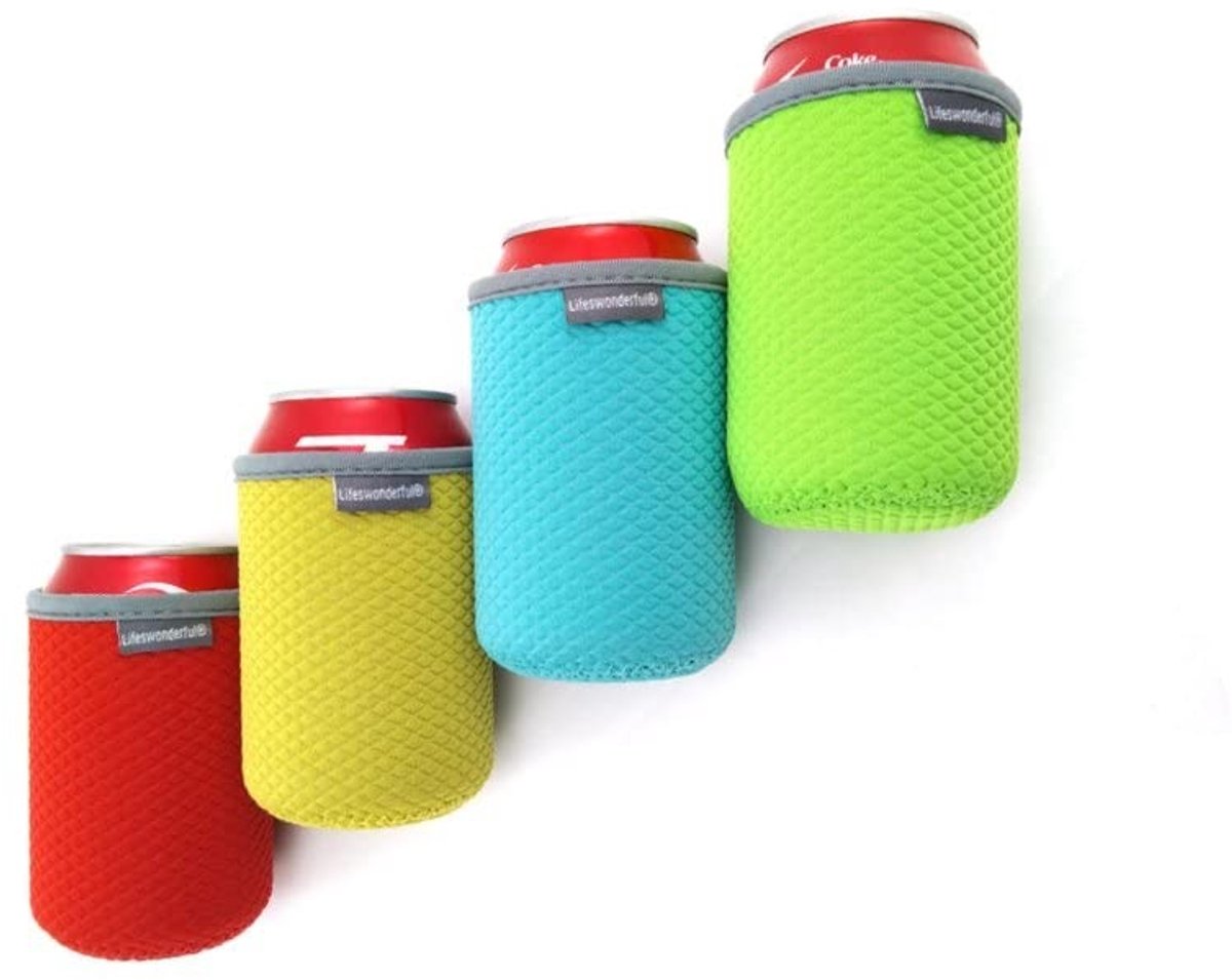 Dailygoods- Drinkmouwen Set van 4 - Geïsoleerde Neopreen Blikhoezen - Stubby Houders - Kleur: Rood/Blauw/Groen/Geel - Duurzaam - Wasbaar op 30 graden